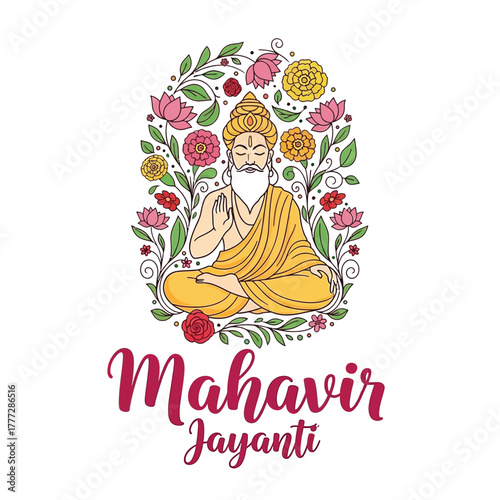 Flat illustration of Mahavir Jayanti with Flowers Accent Graphic