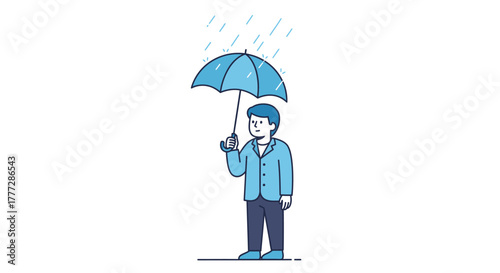 Cartoon illustration of a man holding an umbrella during rainfall against a white backdrop