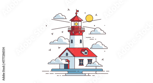 Illustrative coastal beacon with stylized architecture under sunlight ambiance for nautical charm