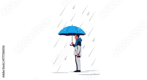 Man stands under a blue umbrella during a gentle rain illustration with simple flat design