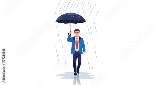 Illustrative businessman navigating rain with resilience and confidence beneath an umbrella,