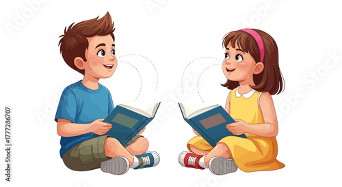 Happy Young Boy and Girl Reading Books Together Isolated Illustration for Education Concept