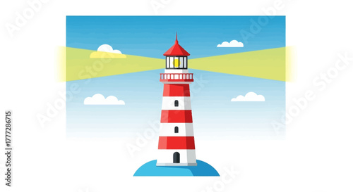 Coastal beacon illumination cartoon lighthouse scenery against a serene sky backdrop