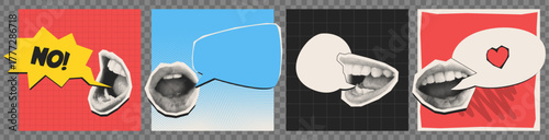 Halftone mouth speech bubbles set isolated on color backgrounds. Contemporary vector illustration of female lips smiling, talking, saying message, retro gossip collage elements, secret discussion