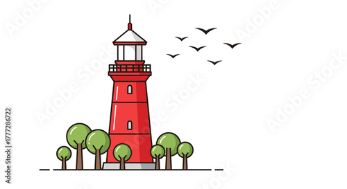 A vibrant illustration of a red lighthouse with trees and a flock of birds near the coast