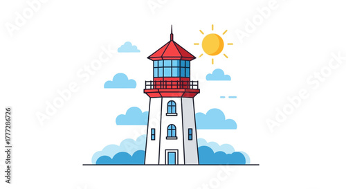 Stylized cartoon lighthouse under a warm sun amid fluffy clouds illustration graphic