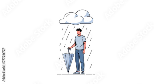 Man in the rain with closed umbrella representing unpreparedness and resilience  drawing