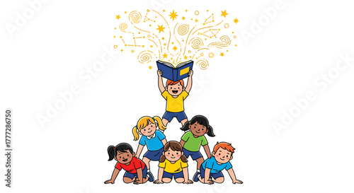 Children Forming Human Pyramid Holding Up Book of Imagination and Constellations