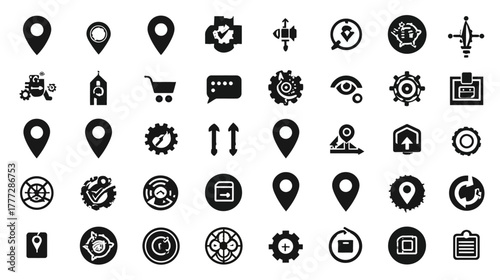 Set of diverse vector icons for location, navigation, settings, and general interface elements. Modern UI/UX design collection for web and app projects.