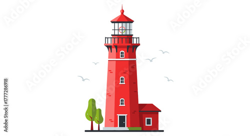 Whimsical red lighthouse illustration with birds and trees, creating a serene coastal scenery