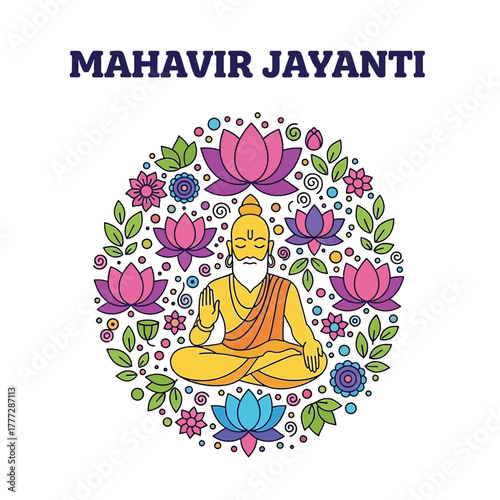 Flat illustration of Mahavir Jayanti with Flowers Accent Graphic