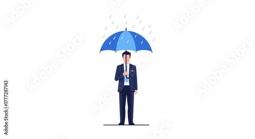 Conceptual illustration of a businessman standing under an umbrella during a rain shower