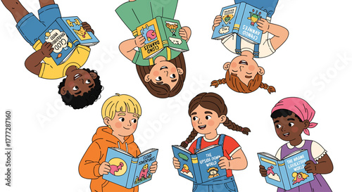 Diverse Group of Happy Children Reading Books Upside Down and Right Side Up
