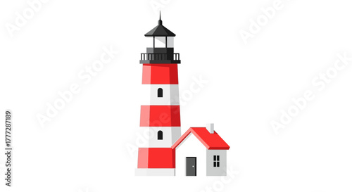 Charming Coastal Beacon Illustration: A Striking Red and White Lighthouse Structure