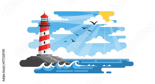 Coastal Beacon: Striking lighthouse with seabirds against a bright sunny sky on the ocean