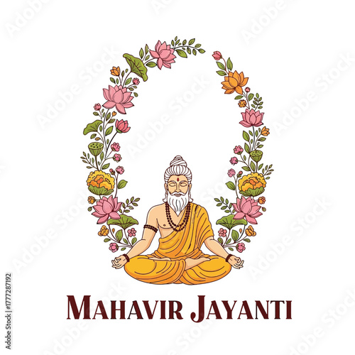 Flat illustration of Mahavir Jayanti with Flowers Accent Graphic