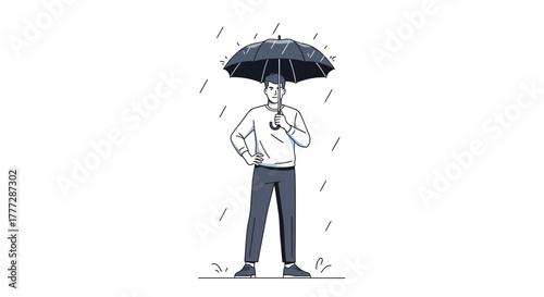 Monochrome illustration of a person under an umbrella standing in the rain calmly