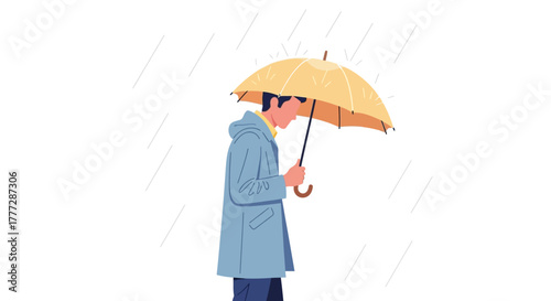 A somber figure under a yellow umbrella stands solitary in a rain-soaked ambiance