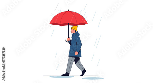 Stylized illustration of a person walking in the rain with a vibrant red umbrella