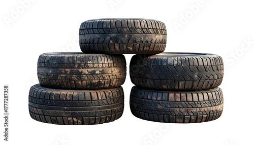 Stacked used auto tires, dirty treads against black background
