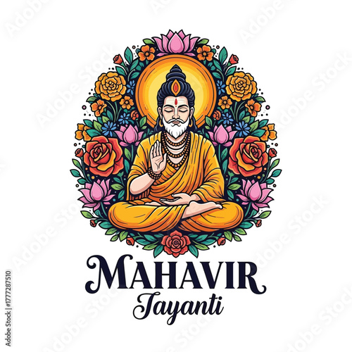 Flat illustration of Mahavir Jayanti with Flowers Accent Graphic