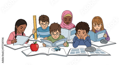 Diverse Group of Young Students Reading Books Together in Classroom Illustration