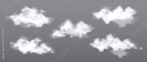 Fluffy white clouds set isolated on transparent background. Vector realistic illustration of cloudy sky design elements, puffy cloudscape, light fog texture, rainy weather forecast, dreamy skyline