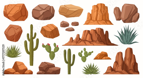 Cartoon Desert Landscape Elements Rocks, Cacti and Hills Illustration