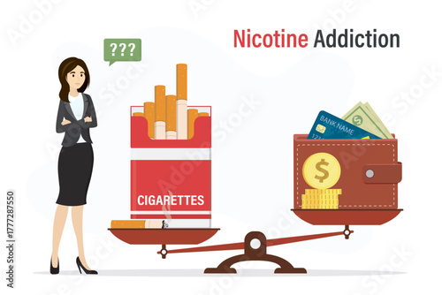 Unbalanced scales, cigarettes package outweigh wallet with money. Smoking addiction. Unhappy woman smoker. Bad habits. Excessive spending of finances on tobacco.