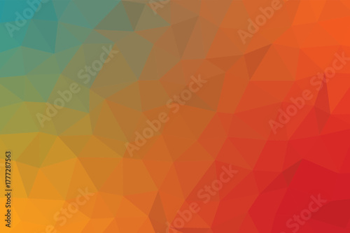 Vibrant polygon abstract background with warm red, orange, and yellow gradient tones blending into soft teal. Modern low poly geometric texture perfect for web, print, and creative designs.