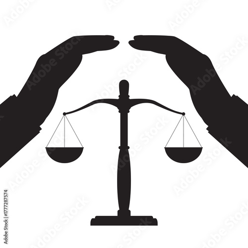 Human hands covering libra or scales, black icon silhouette. Protection of scales are balanced, equality. Sign of justice and law. Measuring device isolated on white background.
