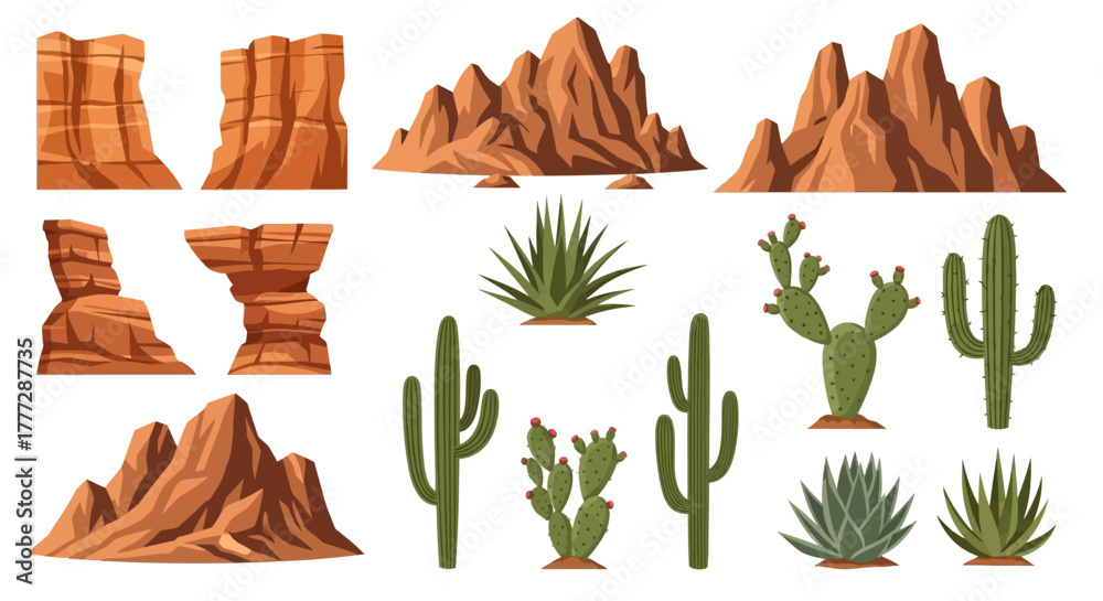 Fotografie Cartoon desert landscape constructor set featuring isolated rock formations, can
