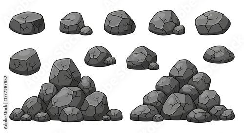 Cartoon game rocks and stone piles set for design. Vector illustration collection of boulders and rock heaps for comic or level creation