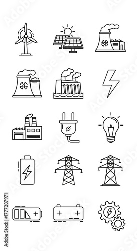 A collection of hand-drawn sketch icons representing energy, power generation, and electricity symbols.