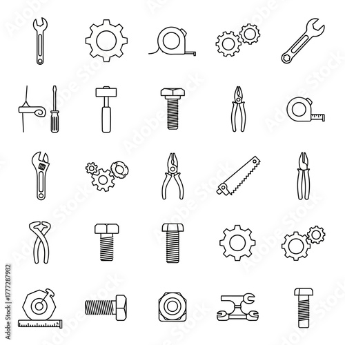 A collection of hand-drawn sketch style icons featuring various industrial tools, hardware, and mechanical gears.
