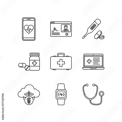 A collection of nine medical and health technology icons in a simple black outline style.