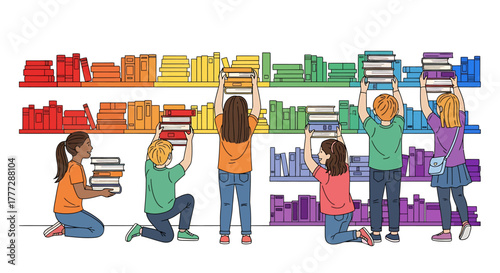 Diverse Group of Children Organizing Books on Rainbow Shelves for Library Cleanup