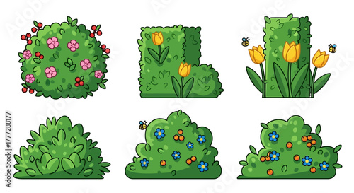 Cartoon bushes with flowers and bees. Green hedges in different shapes, vector illustration