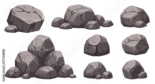 Set of cartoon rocks and stones for game design. Vector illustration of granite boulders and pebble piles isolated on a white background