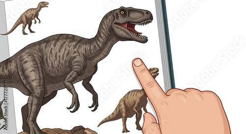 Digital Paleontology Hand Interacting with Dinosaur Illustration on Tablet Screen for Learning and Research