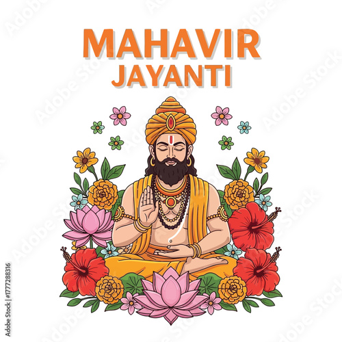 Flat illustration of Mahavir Jayanti with Flowers Accent Graphic
