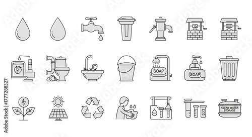 A hand-drawn doodle icon set illustrating water conservation, sanitation, and sustainable energy.