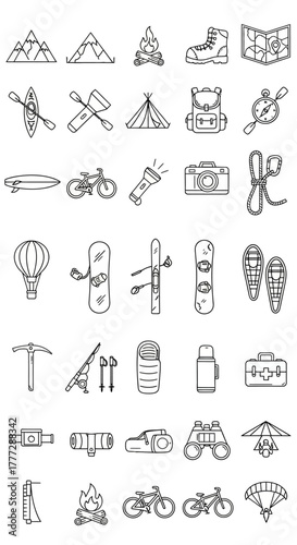 A hand-drawn set of black and white doodle icons for outdoor adventure, camping, and hiking.