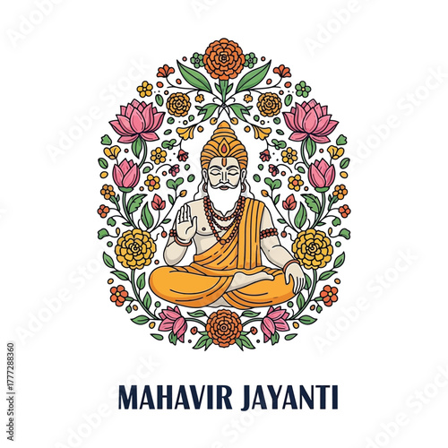 Flat illustration of Mahavir Jayanti with Flowers Accent Graphic