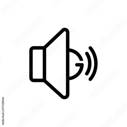 A minimalist black line art icon of a speaker with two curved sound waves, symbolizing audio output and volume.