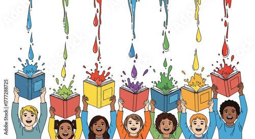Diverse Children Holding Books as Vibrant Colors Pour Out Symbolizing Imagination and Education
