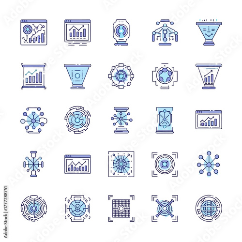 A set of technology and data analysis icons in a blue and purple gradient doodle style.