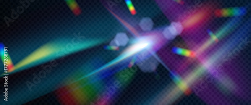 Prism lens flare background with rainbow light leaks and bokeh circles - blurred gradient overlay in vibrant neon colors. Abstract aberration texture for creative photography or digital art projects.