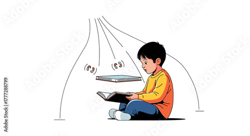 Creative Concept Child Reading Book Absorbing Digital Information and Knowledge via Wireless Connection