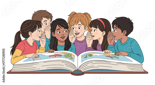 Diverse Group of Children Sharing Secrets Over an Open Storybook Illustration